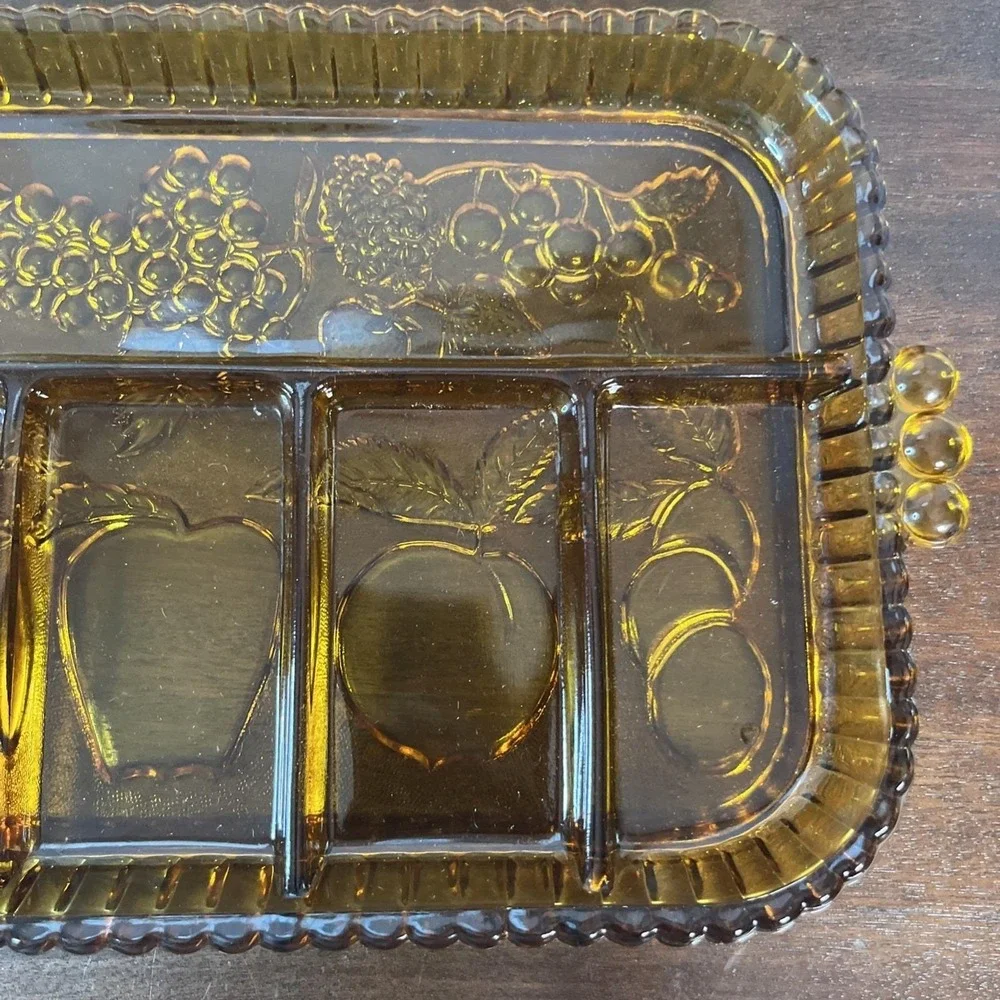 Vtg Indiana Glass Golden Amber Fruit Embossed 5 Part Divided Relish Tray Platter